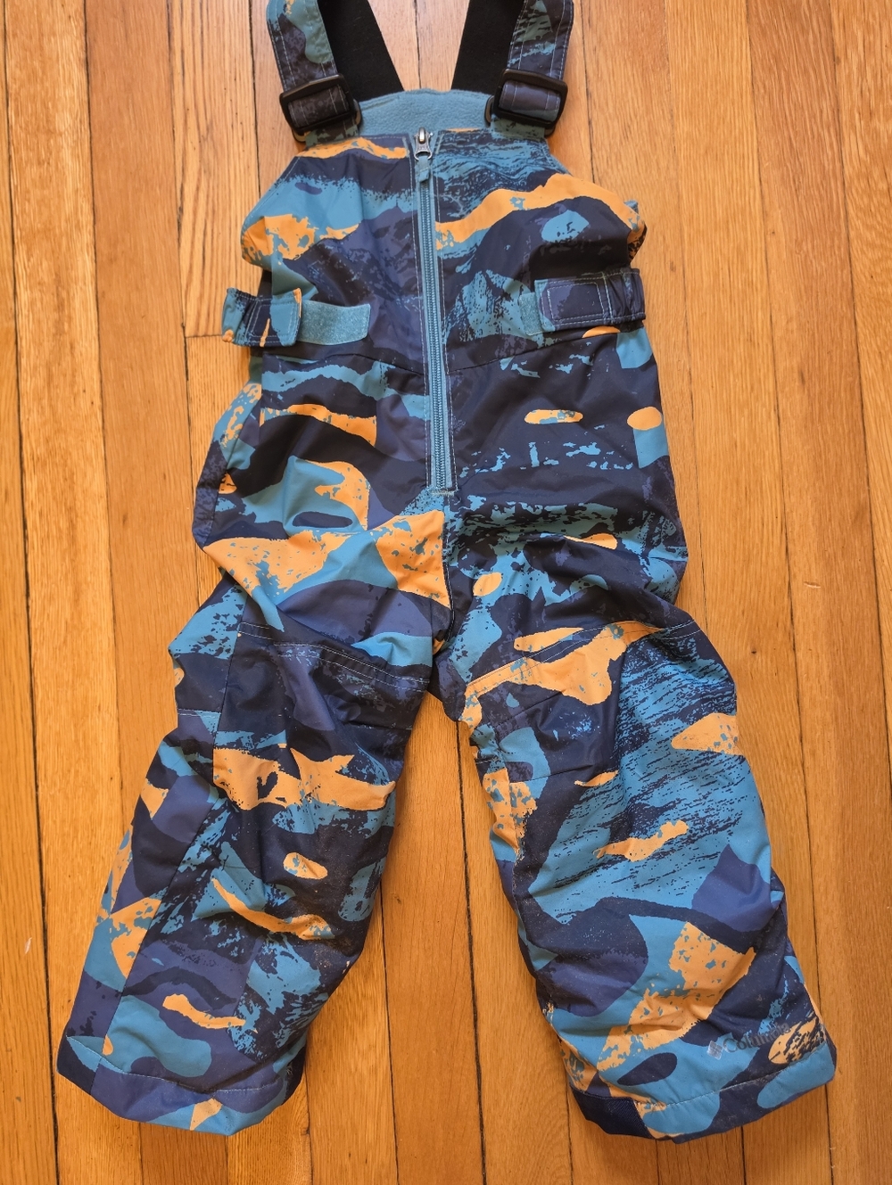 Columbia Kids Waterproof Snow Bib Pants in Teal & Orange Camouflage